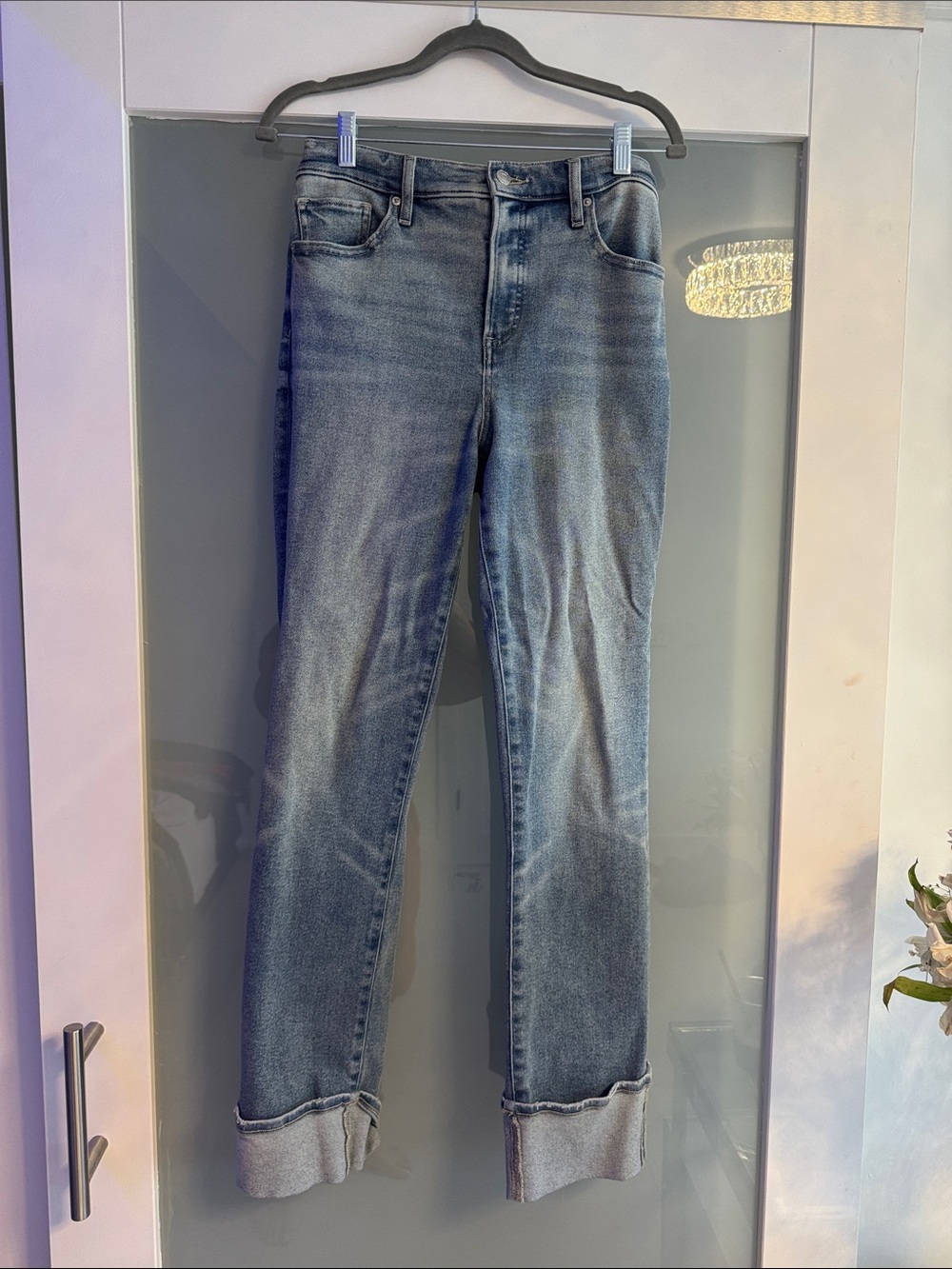 Express Women's Straight Leg Medium Wash Cuffed Jeans